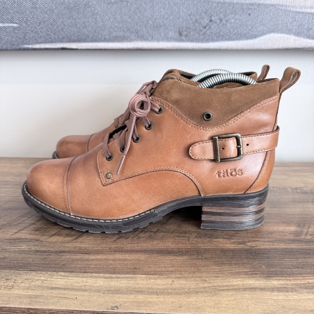 Taos Mini Crave Leather Boots Women's Size 40 Cognac Brown Ankle Lace & Zip Up